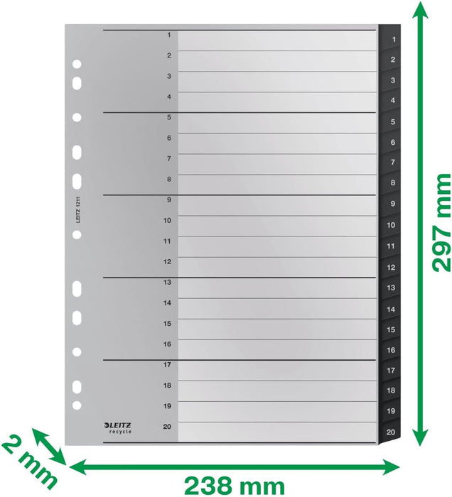 Leitz Index Folder Divider, 1-20 Numerical Tabs, A4, Extra Wide, 90% Recycled Plastic, Eco Friendly, Premium Quality, Recycle Range, 12110095, Black, 30.9 x 24.3 x 0.6 cm