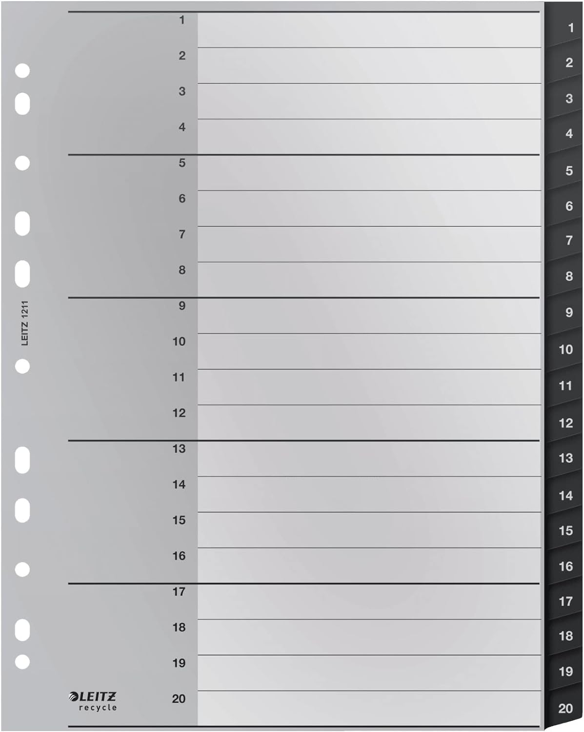Leitz Index Folder Divider, 1-20 Numerical Tabs, A4, Extra Wide, 90% Recycled Plastic, Eco Friendly, Premium Quality, Recycle Range, 12110095, Black, 30.9 x 24.3 x 0.6 cm