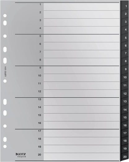 Leitz Index Folder Divider, 1-20 Numerical Tabs, A4, Extra Wide, 90% Recycled Plastic, Eco Friendly, Premium Quality, Recycle Range, 12110095, Black, 30.9 x 24.3 x 0.6 cm