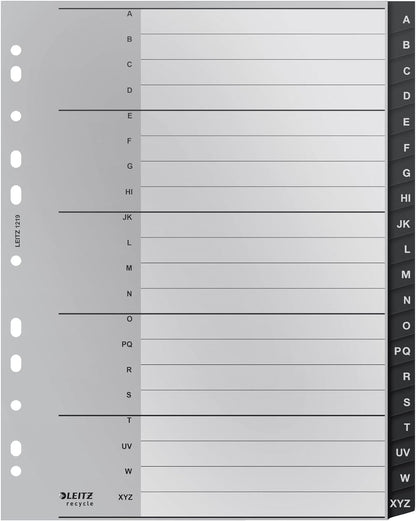 Leitz Index Folder Divider, 20 A-Z Tabs, A4, Extra Wide, 90% Recycled Plastic, Eco Friendly, Premium Quality, Recycle Range, 12190095, Black