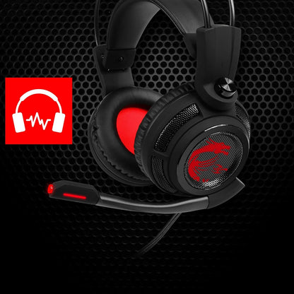 MSI DS502 GAMING HEADSET - 7.1 Virtual Surround Sound Headphones, Vibration Feedback, 40mm Neodymium Drivers, laptop, Omnidirectional Microphone, Inline Controls, USB 2.0 Connector - Wired
