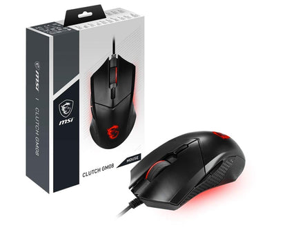 MSI CLUTCH GM08 Gaming Mouse - 4200 DPI Optical Sensor, Symmetrical, 10M+ Click Switches, 6-Buttons, Weight Adjustable, Red LED, 92g - Wired