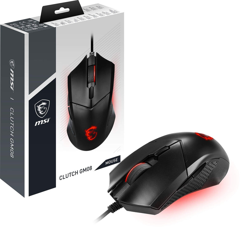 MSI CLUTCH GM08 Gaming Mouse - 4200 DPI Optical Sensor, Symmetrical, 10M+ Click Switches, 6-Buttons, Weight Adjustable, Red LED, 92g - Wired