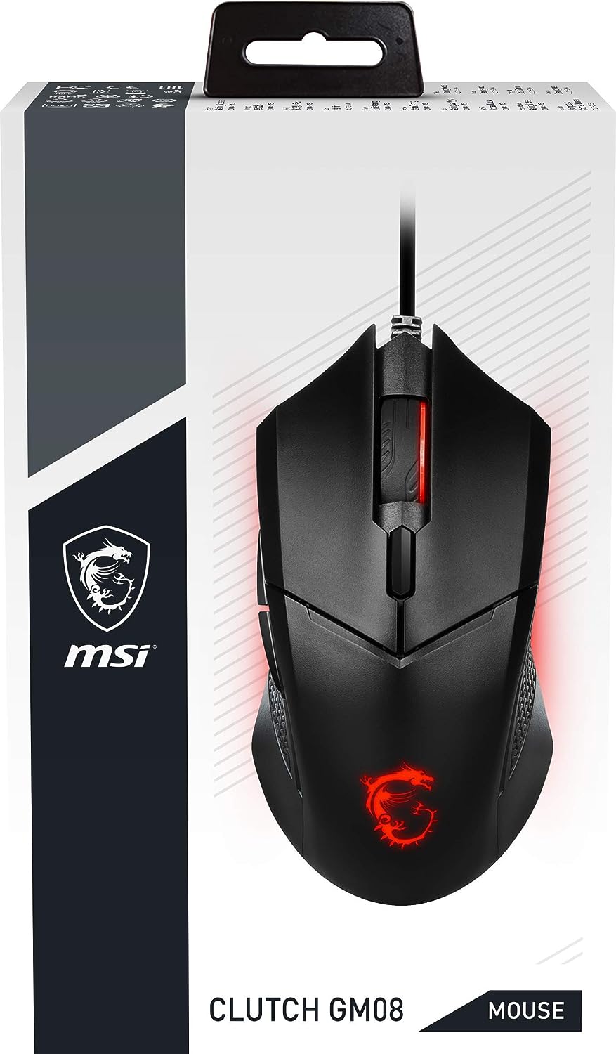 MSI CLUTCH GM08 Gaming Mouse - 4200 DPI Optical Sensor, Symmetrical, 10M+ Click Switches, 6-Buttons, Weight Adjustable, Red LED, 92g - Wired