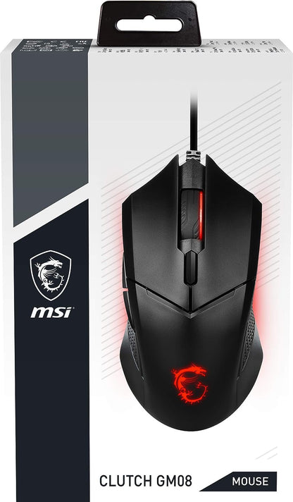 MSI CLUTCH GM08 Gaming Mouse - 4200 DPI Optical Sensor, Symmetrical, 10M+ Click Switches, 6-Buttons, Weight Adjustable, Red LED, 92g - Wired