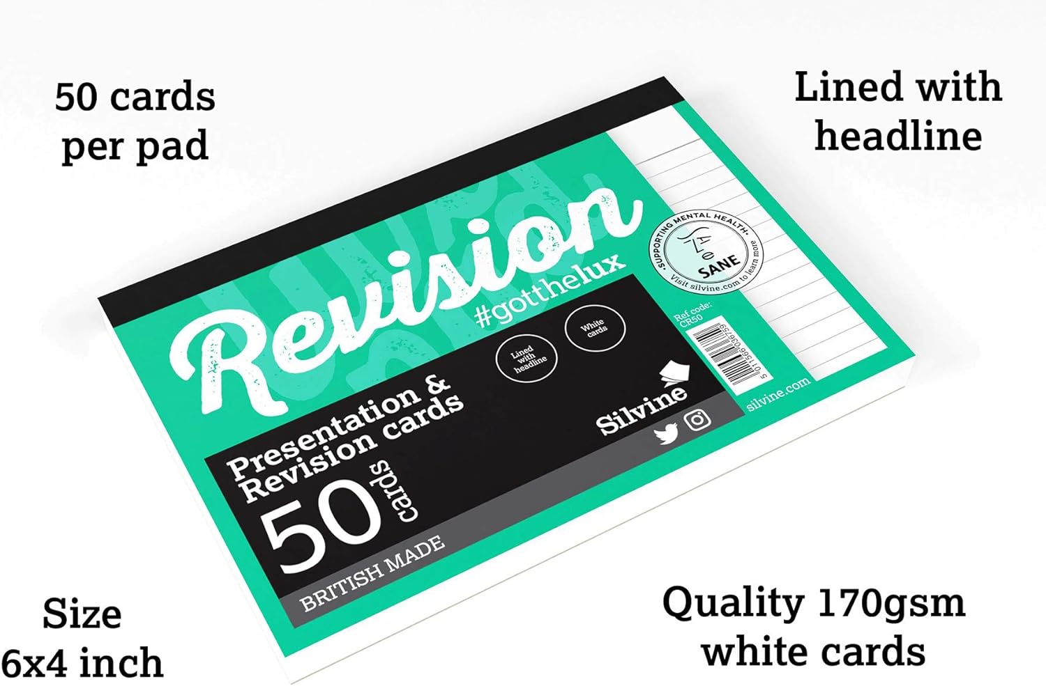 Luxpad A6 Gluebound Revision & Presentation Cards - White. 50 Lined Cards Per Pad (6x4"