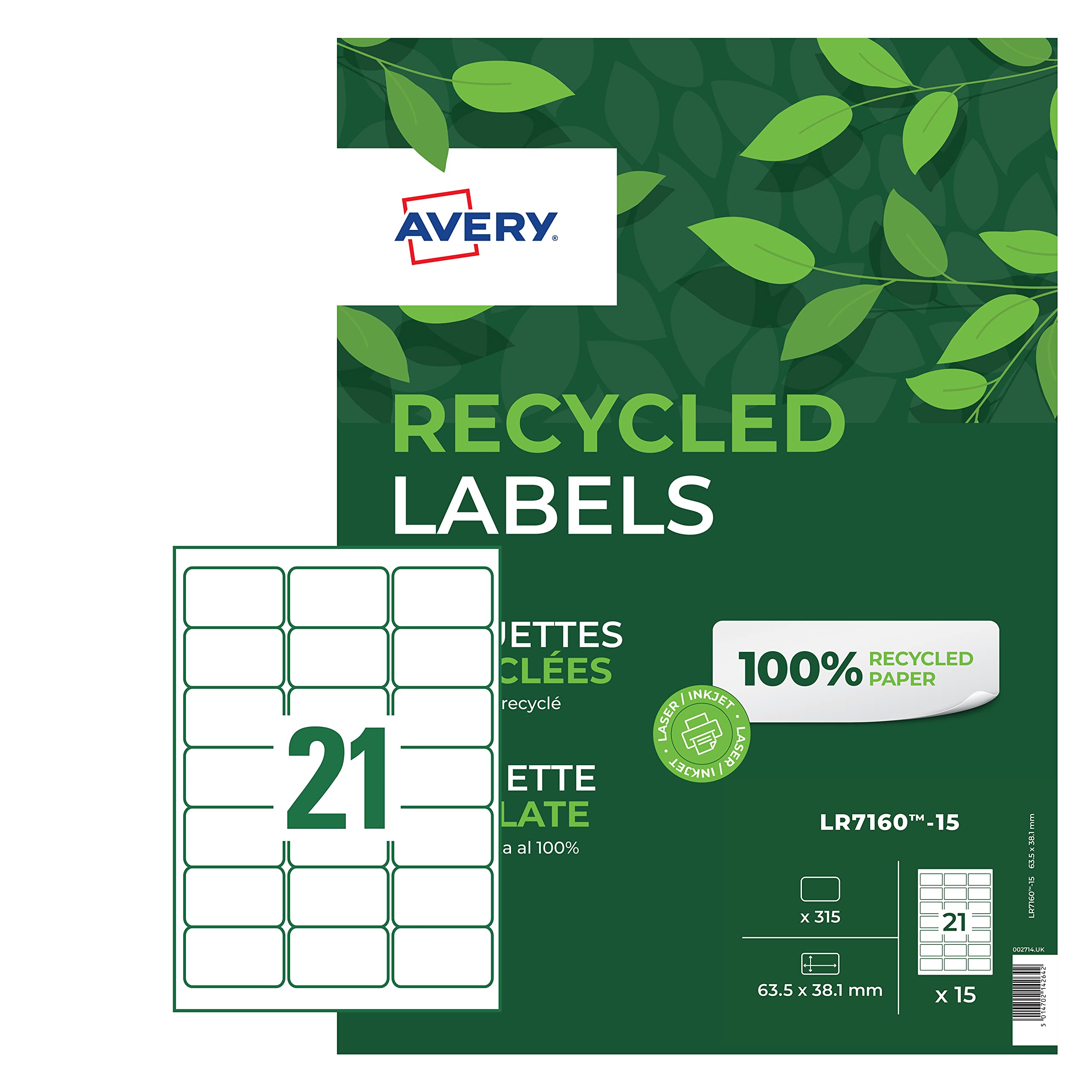 Avery LR4761-15 - Etiquetas recicladas (61 x 192 mm