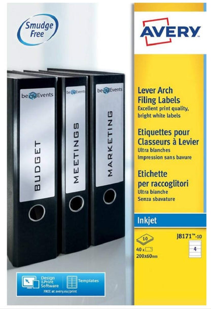 Lever Arch Labels Inkjet, 200x60mm, White, 4 Labels per Sheet 40 Labels per Pack