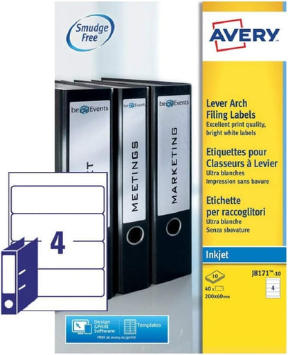 Lever Arch Labels Inkjet, 200x60mm, White, 4 Labels per Sheet 40 Labels per Pack