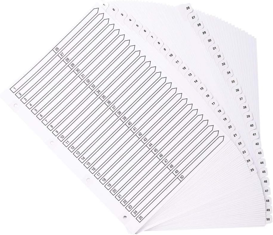 Exacompta - Ref MWD1-50Z - Mylar Printed Indices - For Use WithA4 Documents, Pre-Punched, 160gsm White Card with Reinforced Plastic Tabs, FSC-Certified - 50-Part Dividers (1-50