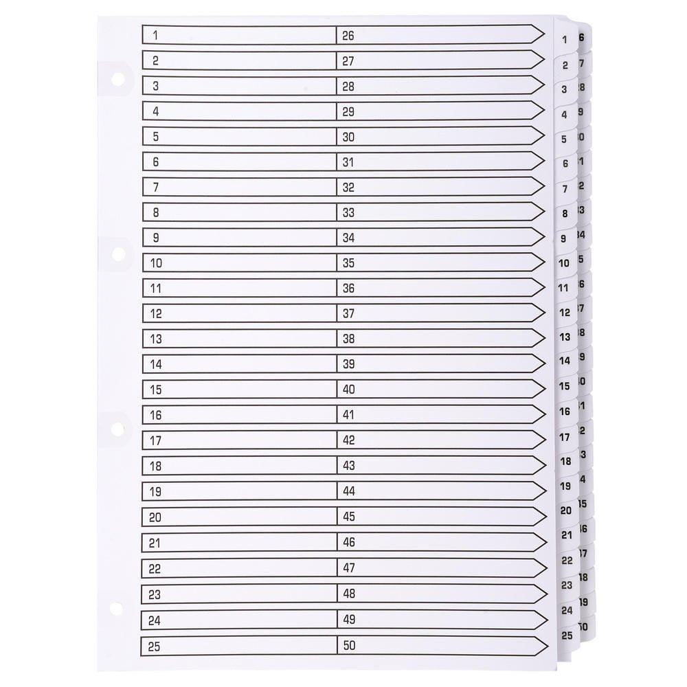 Exacompta - Ref MWD1-50Z - Mylar Printed Indices - For Use WithA4 Documents, Pre-Punched, 160gsm White Card with Reinforced Plastic Tabs, FSC-Certified - 50-Part Dividers (1-50