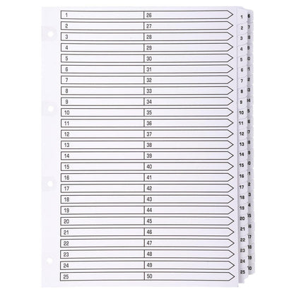 Exacompta - Ref MWD1-50Z - Mylar Printed Indices - For Use WithA4 Documents, Pre-Punched, 160gsm White Card with Reinforced Plastic Tabs, FSC-Certified - 50-Part Dividers (1-50