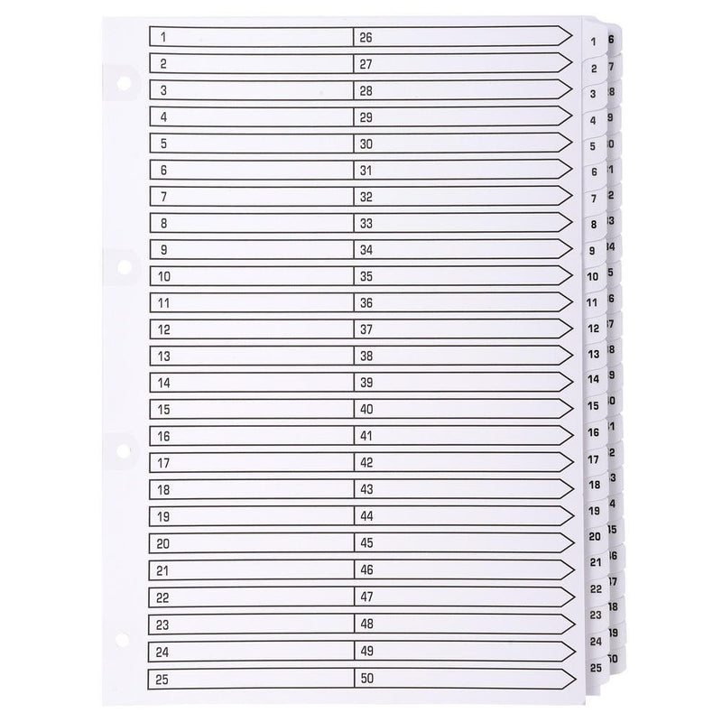 Exacompta - Ref MWD1-50Z - Mylar Printed Indices - For Use WithA4 Documents, Pre-Punched, 160gsm White Card with Reinforced Plastic Tabs, FSC-Certified - 50-Part Dividers (1-50