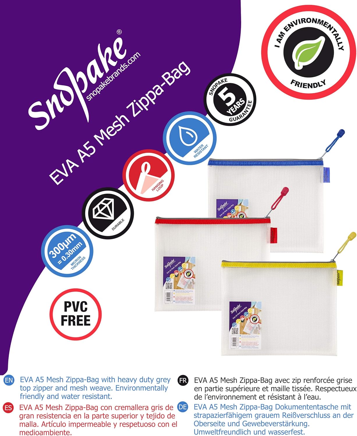 Snopake A5 Heavy Duty EVA Mesh Zippa-Bag  255 x 205 mm - Transparent/Assorted