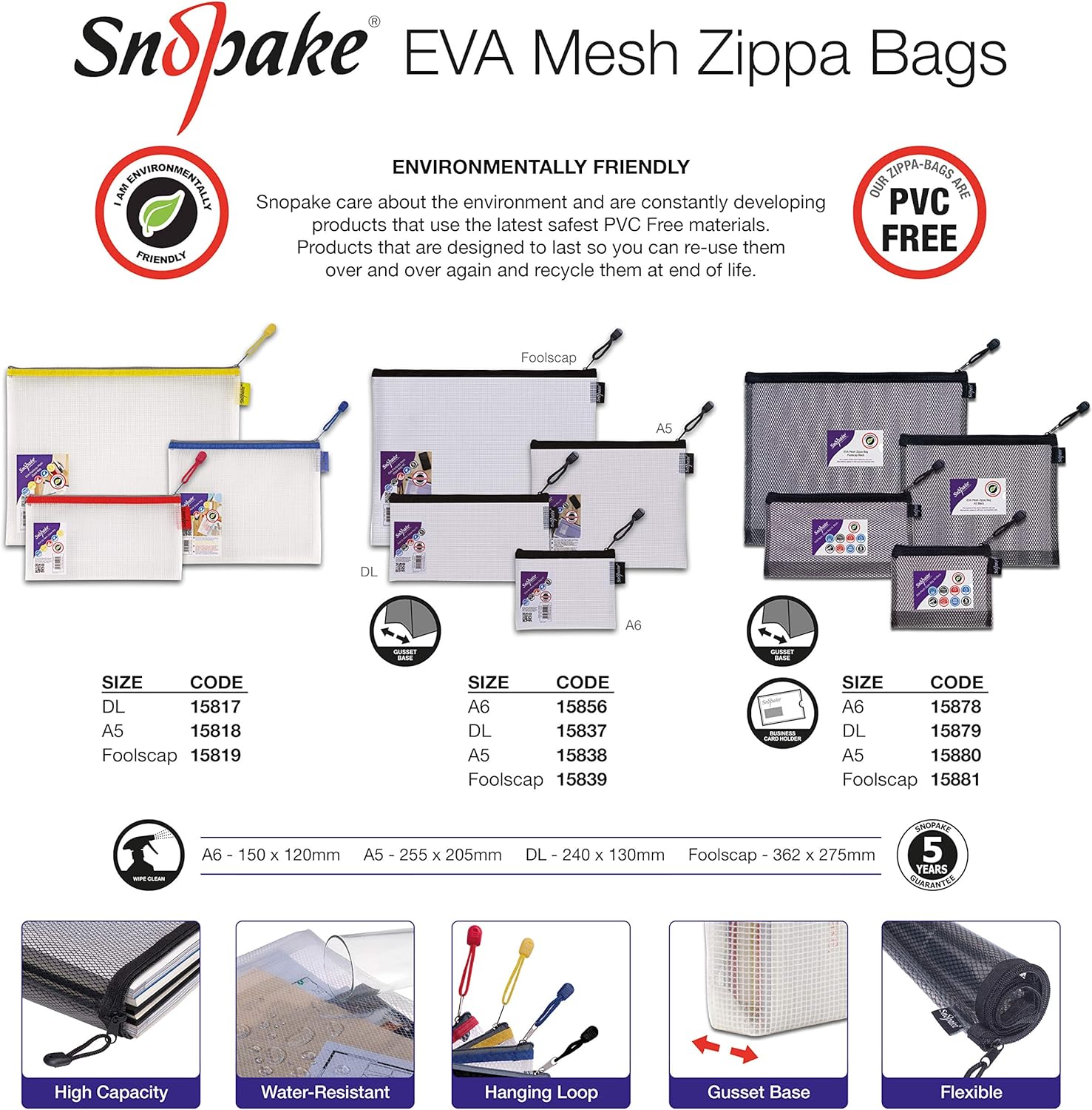 Snopake Foolscap High Capacity EVA Mesh Zippa-Bag  360 x 275 mm - Transparent/Black