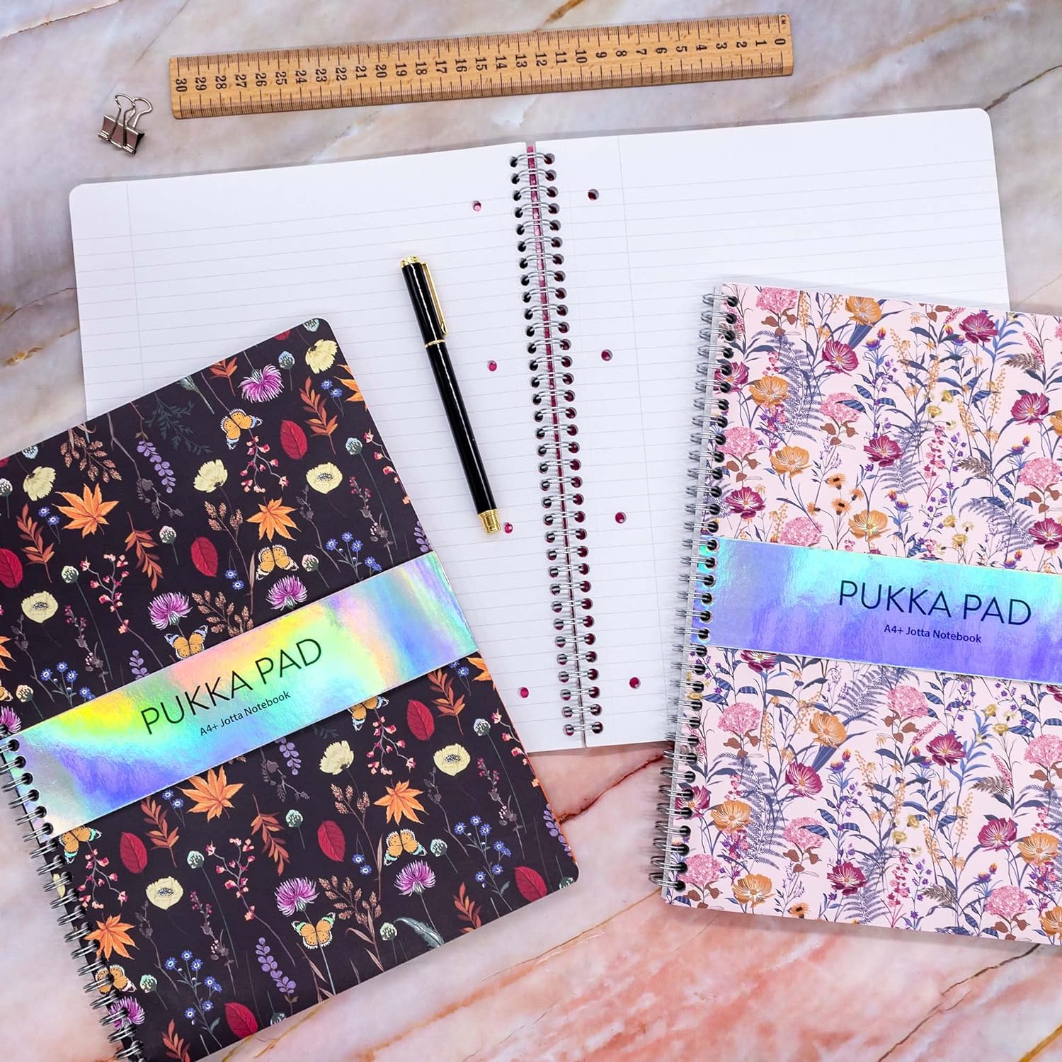 Pukka Pad, Bloom A4+ Jotta Notebooks – Pack of 3 Wirebound Notebooks in Assorted Blue, Black, and Cream Floral Designs – 160 Pages of 80GSM Lined Paper