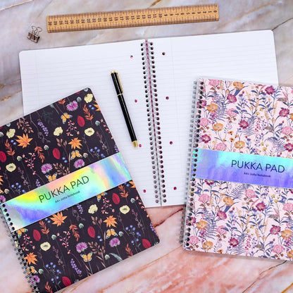 Pukka Pad, Bloom A4+ Jotta Notebooks – Pack of 3 Wirebound Notebooks in Assorted Blue, Black, and Cream Floral Designs – 160 Pages of 80GSM Lined Paper