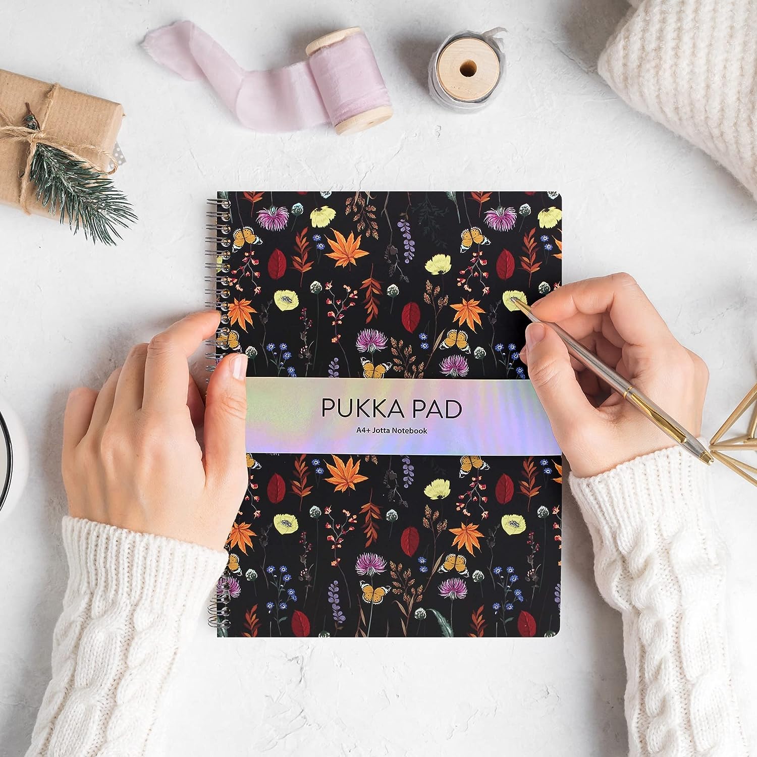 Pukka Pad, Bloom A4+ Jotta Notebooks – Pack of 3 Wirebound Notebooks in Assorted Blue, Black, and Cream Floral Designs – 160 Pages of 80GSM Lined Paper