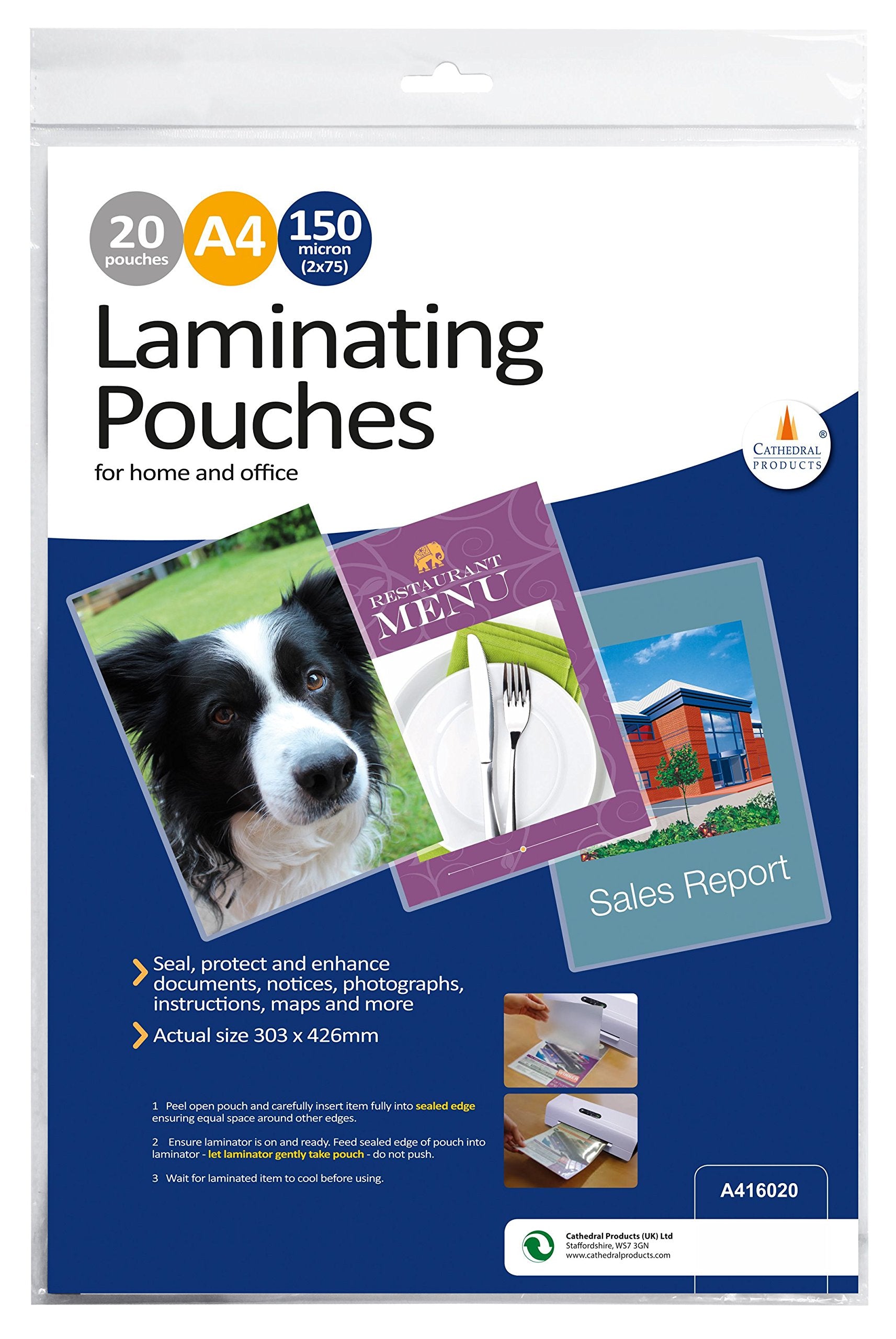 Cathedral Products Pack of 20 A4 Gloss Laminating Pouches 150 Micron