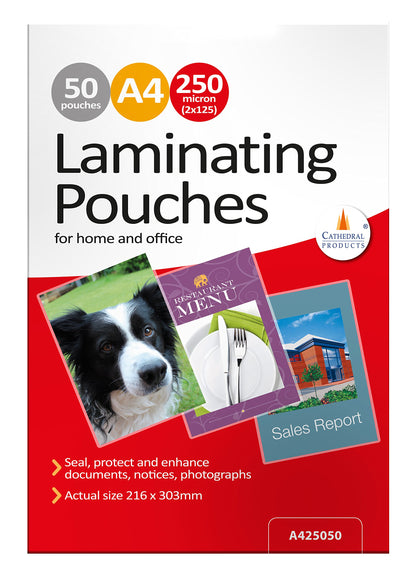 Cathedral Products Pack of 50 A4 Gloss Laminating Pouches 250 Micron