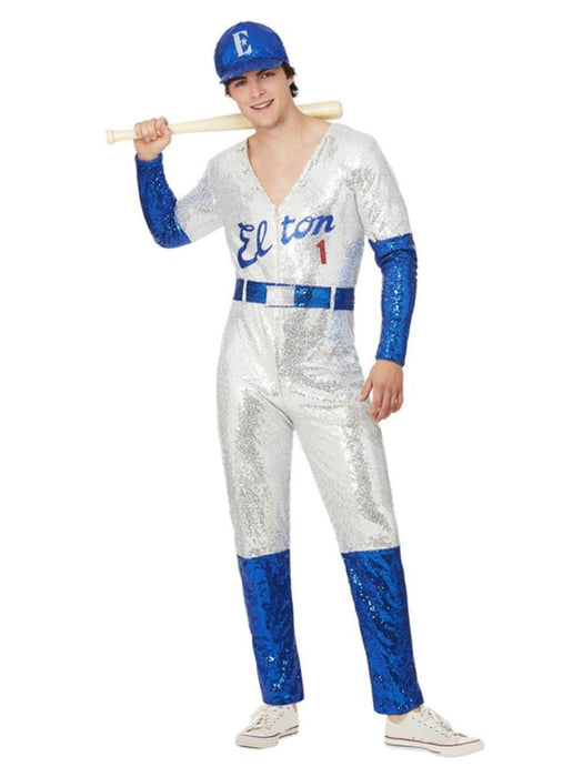 Smiffys Elton John Deluxe Sequin Baseball Costume Jumpsuit & Cap, Officially Licensed Elton John Fancy Dress, Adult Dress Up Costumes