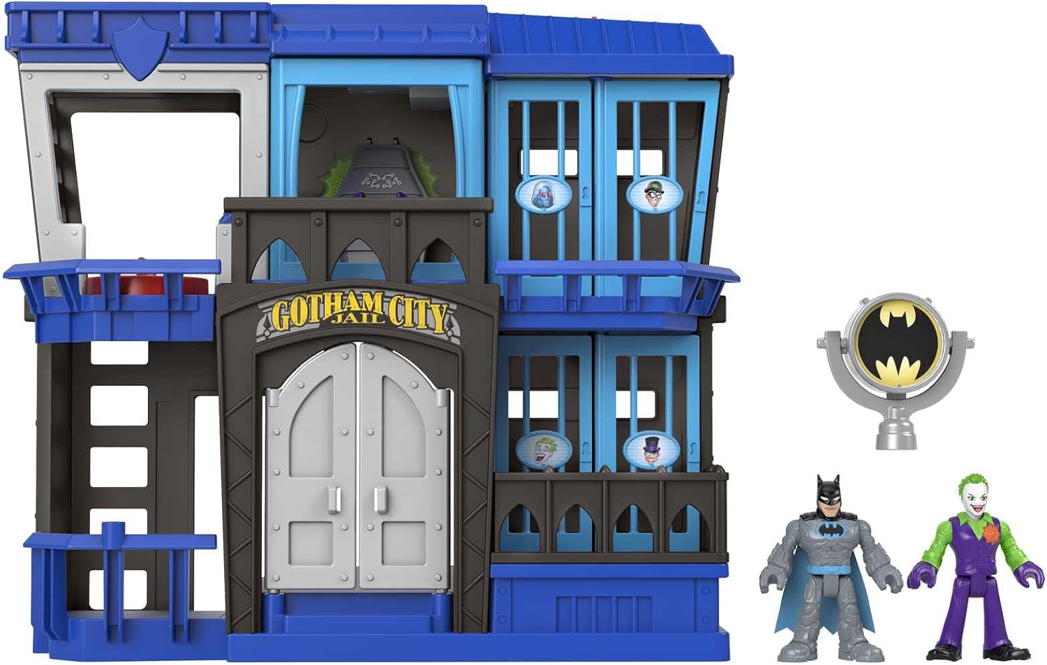 Fisher Price Imaginext DC Super Friends Gotham City Jail Recharged & Imaginext DC Super Friends Bat-Tech Bat-Signal Multipack, figure set of 4 characters with lights and accessories for kids ages 3+ +