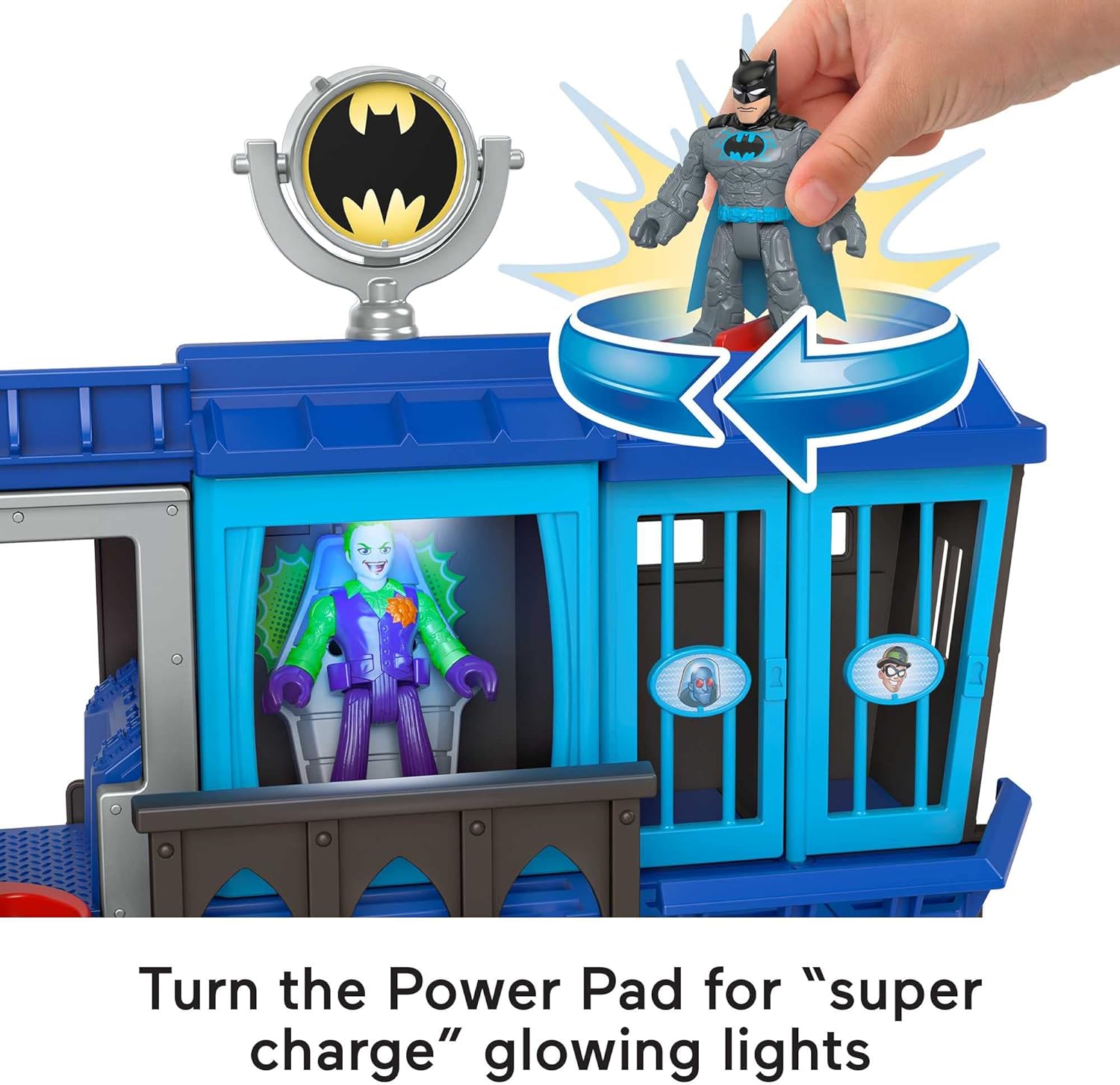 Fisher Price Imaginext DC Super Friends Gotham City Jail Recharged & Imaginext DC Super Friends Bat-Tech Bat-Signal Multipack, figure set of 4 characters with lights and accessories for kids ages 3+ +