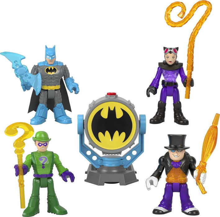 Fisher Price Imaginext DC Super Friends Gotham City Jail Recharged & Imaginext DC Super Friends Bat-Tech Bat-Signal Multipack, figure set of 4 characters with lights and accessories for kids ages 3+