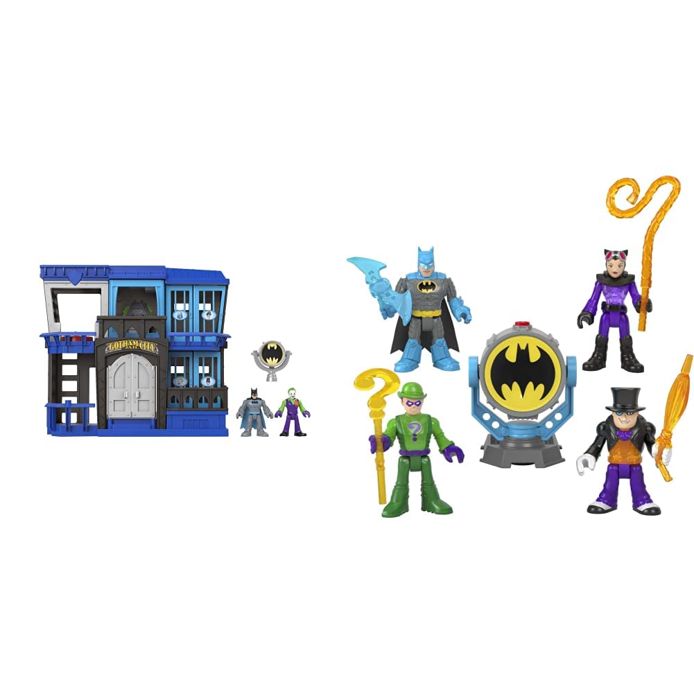 Fisher Price Imaginext DC Super Friends Gotham City Jail Recharged & Imaginext DC Super Friends Bat-Tech Bat-Signal Multipack, figure set of 4 characters with lights and accessories for kids ages 3+ +