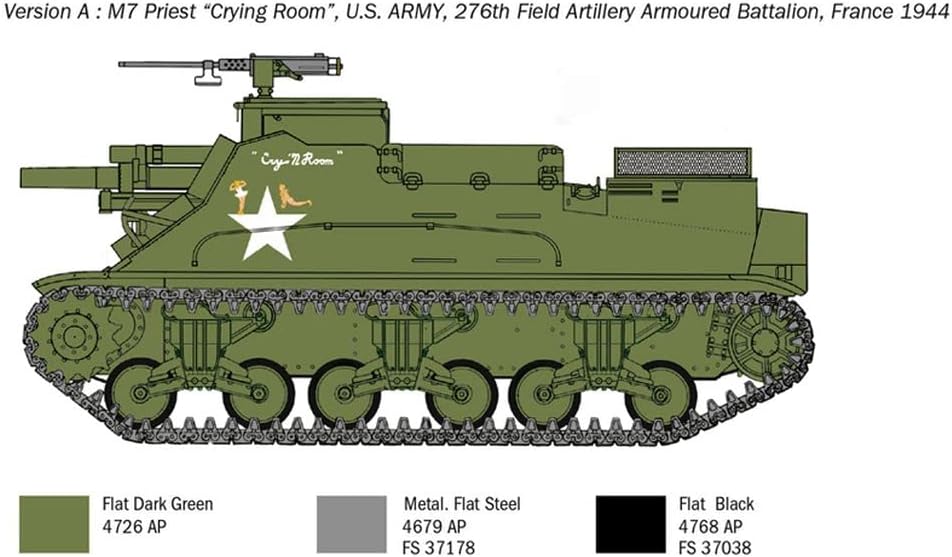 Italeri 6580S 1:35 US M-7 Priest Howitzer Self-Prop, Construction, Standing Model Making, Crafts, Hobby, Gluing, Plastic Kit, Navy Green