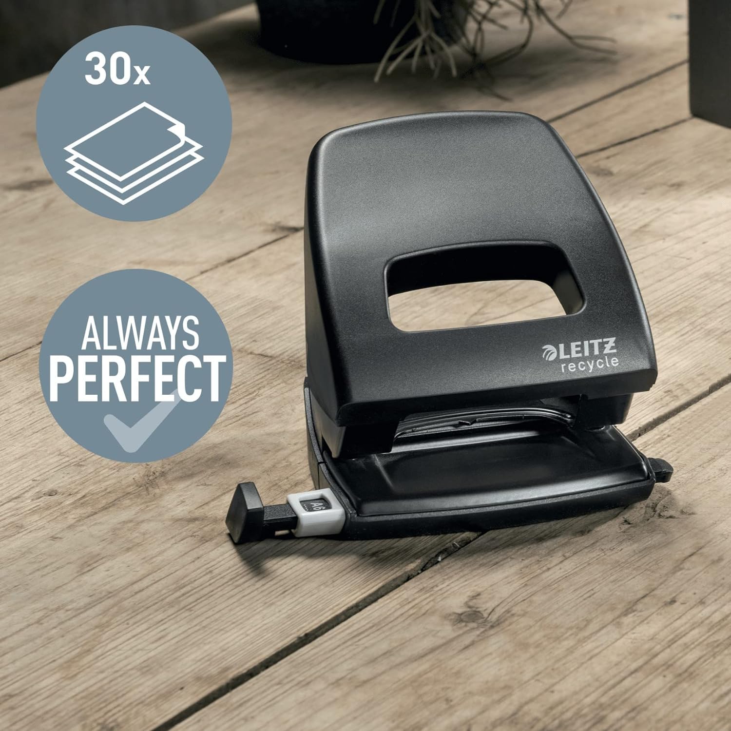 Leitz Hole Punch, 30 Sheets, Guide Bar with Format Markings, 100% Recyclable, Eco Friendly, NeXXt Recycle Range, 50030095, Black