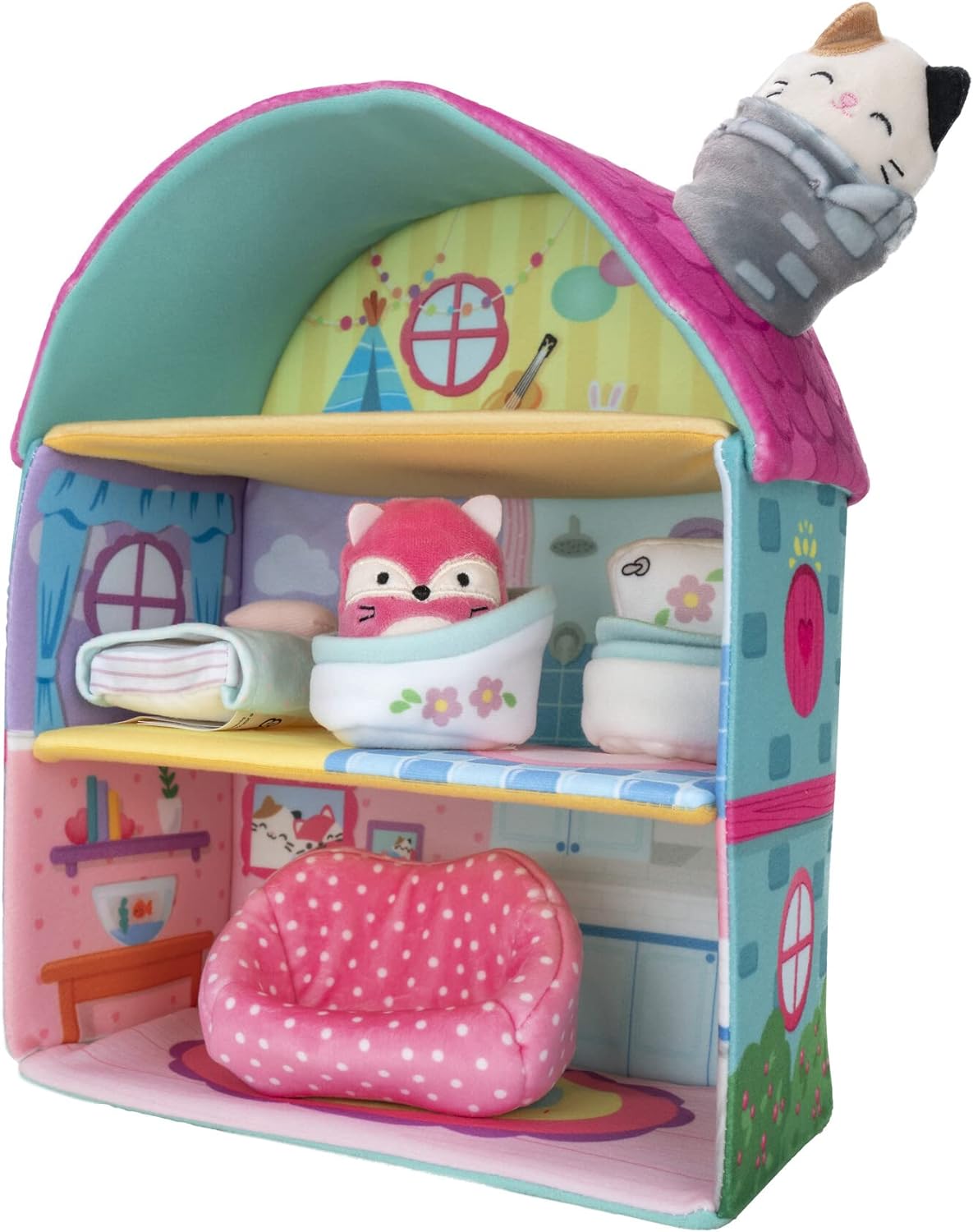 Squishville by Squishmallows SQM0049 Fifi’s Cottage Townhouse, Two 2 Mini-Squishmallow and 4 Furniture Accessories, Irresistibly Soft Plush Toys, 3 Floors to Explore