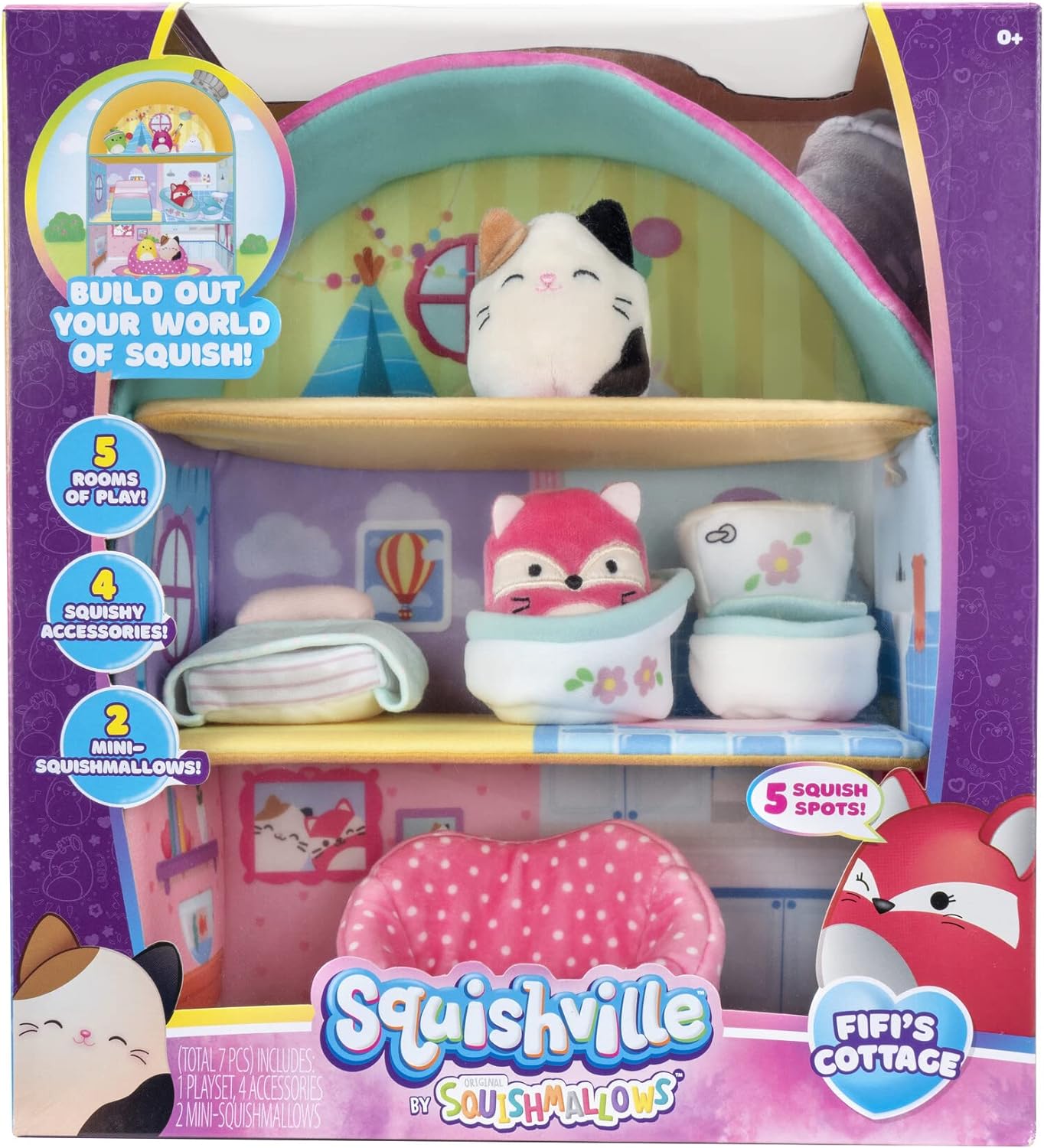 Squishville by Squishmallows SQM0049 Fifi’s Cottage Townhouse, Two 2 Mini-Squishmallow and 4 Furniture Accessories, Irresistibly Soft Plush Toys, 3 Floors to Explore