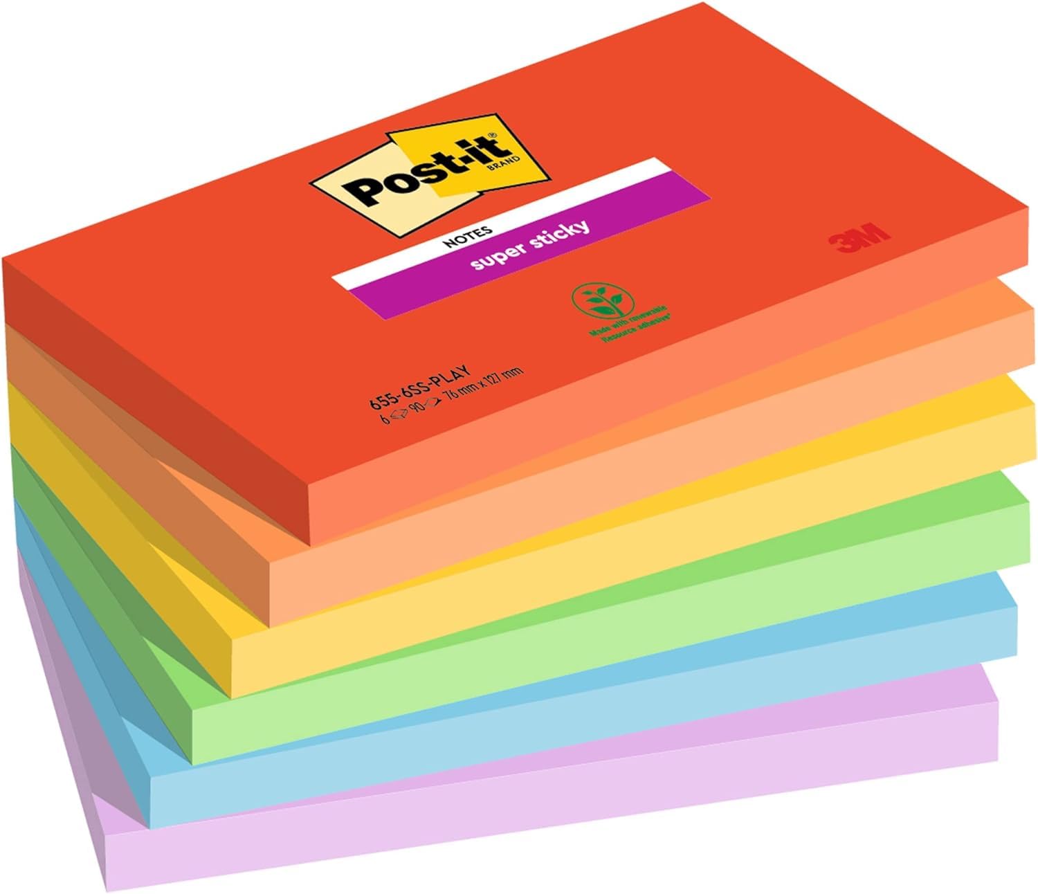 Post-it Super Sticky Notes Playful Color Collection, Pack of 6 Pads, 90 Sheets per Pad, 76 mm x 127 mm, Red, Orange, Yellow, Green, Blue, Purple - Extra Sticky Notes For Note Taking & To Do Lists