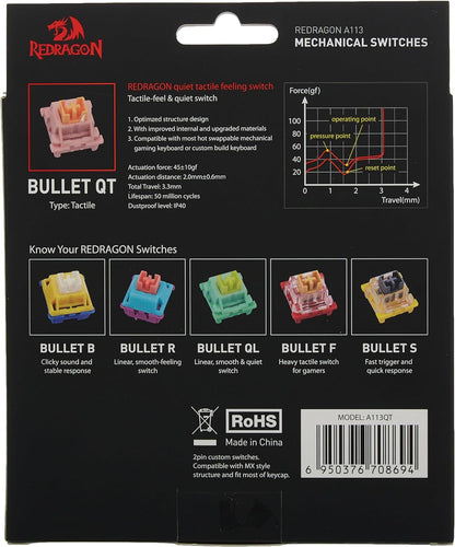 Redragon A113 Bullet-QT (24 Quiet Tactile Mechanical Switches) - Brown Equivalent, 3-Pin Plate Mounted - Hot Swappable - 50 Million Click | (24 pcs Switches + Keycap + Switch Puller) || A113QT