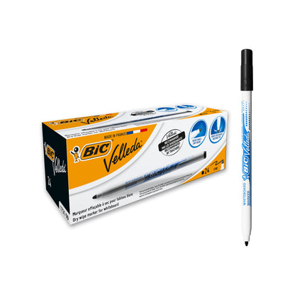 BIC Velleda, Dry Wipe Whiteboard Marker Pens, Fine Bullet Tip for Precision, in Black, Box of 24 Markers