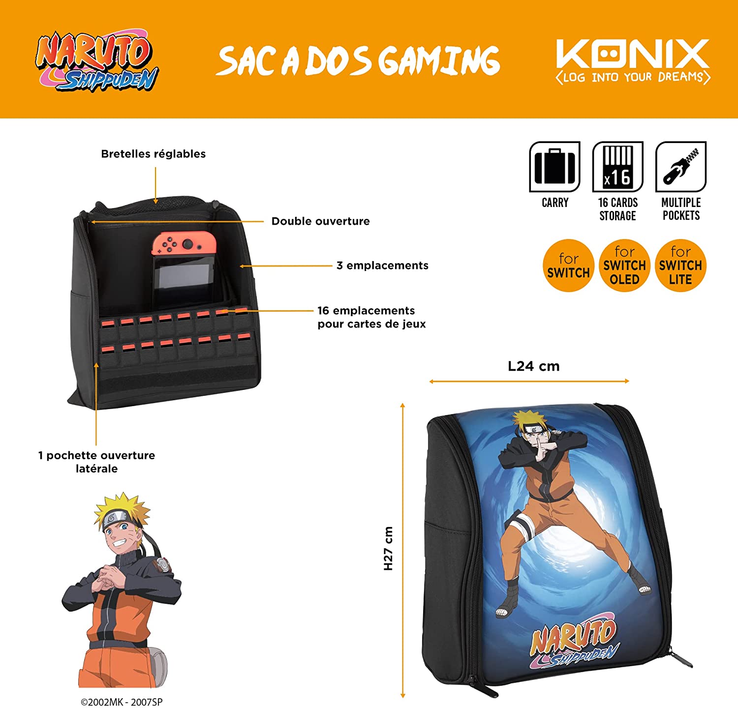 Konix Naruto Shippuden Zaino di protezione e trasporto per console, giochi e accessori Nintendo Switch, Switch Lite e Switch OLED - Design Naruto