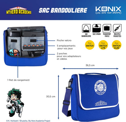 Konix My Hero Academia Messenger Bag Bolsa de Mensajero para Nintendo Switch, Switch Lite y Switch OLED - Azul y Blanco