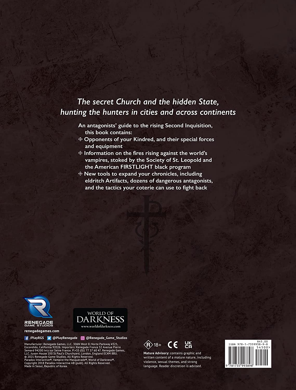 Renegade Game Studios Vampire TM RPG Seconda Inquisizione