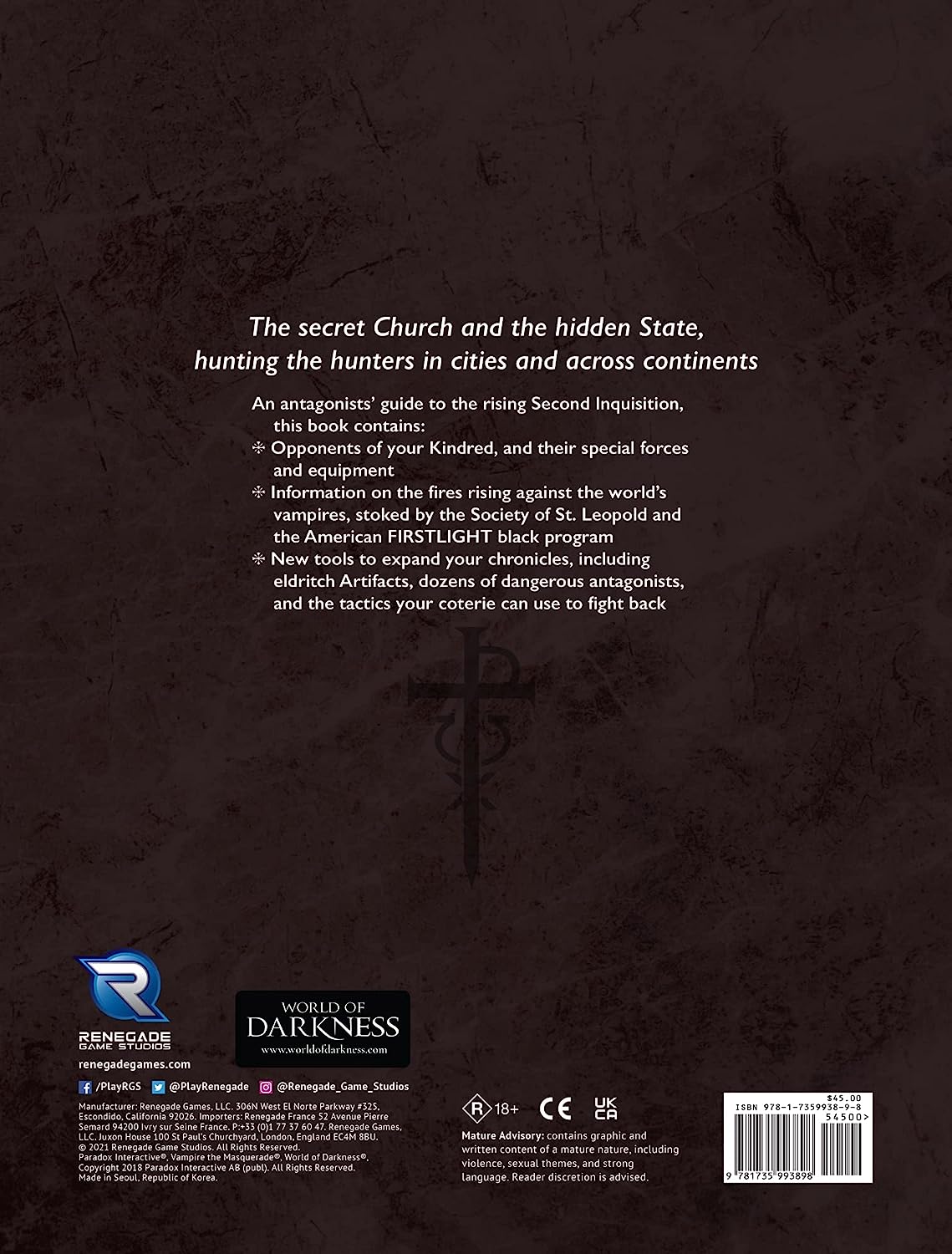 Renegade Game Studios Vampire TM RPG Seconda Inquisizione
