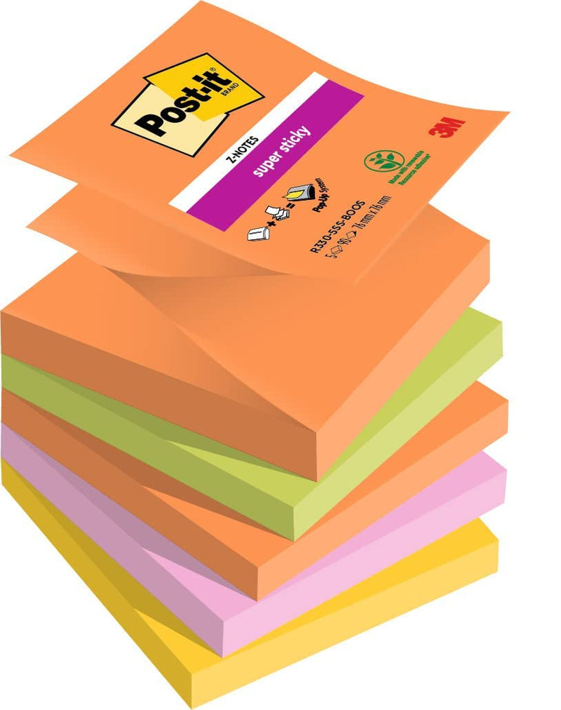 Post-it Super Sticky Z-Notes Boost Color Collection, Pack of 5 Pads, 90 Sheets per Pad,76 mm x 76 mm, Orange, Green, Pink, Yellow - Extra Sticky Notes For Note Taking, To Do Lists & Reminders