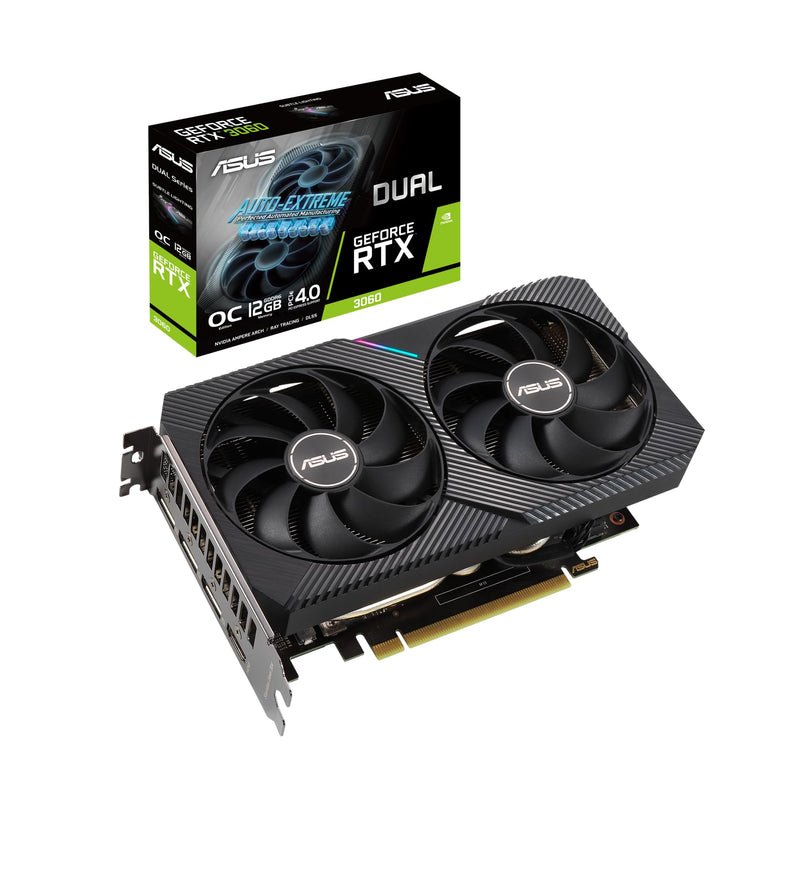 ASUS Dual NVIDIA GeForce RTX 3060 V2 OC Edition 12GB GDDR6 Gaming Graphics Card, PCIe 4.0, 12GB GDDR6 memory, HDMI 2.1, DisplayPort 1.4a, 2-slot design, Axial-tech fan design, 0dB technology, and more