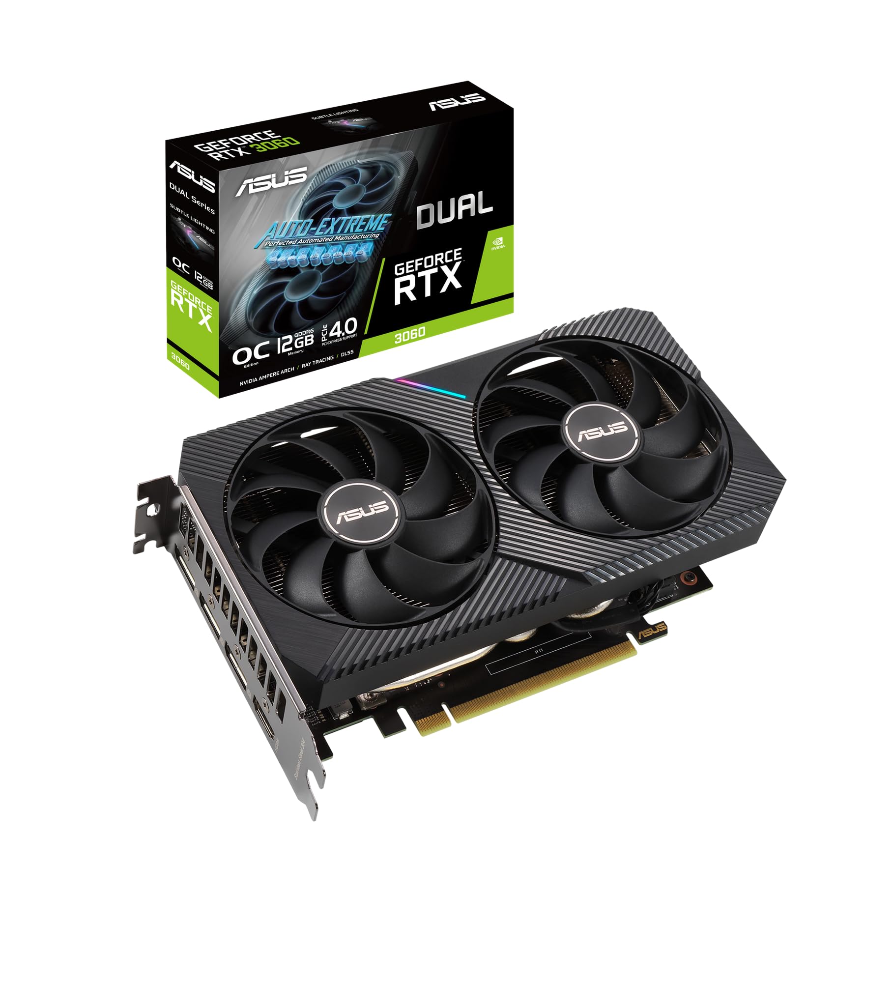 ASUS Dual NVIDIA GeForce RTX 3060 V2 OC Edition 12GB GDDR6 Gaming Graphics Card, PCIe 4.0, 12GB GDDR6 memory, HDMI 2.1, DisplayPort 1.4a, 2-slot design, Axial-tech fan design, 0dB technology, and more