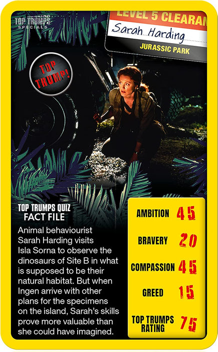 Top Trumps Juego de Cartas Jurassic Park Specials, viaja a través de Isla Nublar y Juega con el Dr. Malcolm, Donald Gennaro, Eric Kirby y Alan Grant, Regalo Educativo y Juguete para niños y niñas a