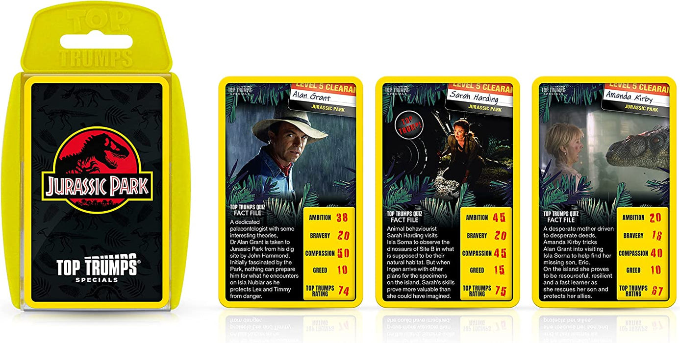Top Trumps Juego de Cartas Jurassic Park Specials, viaja a través de Isla Nublar y Juega con el Dr. Malcolm, Donald Gennaro, Eric Kirby y Alan Grant, Regalo Educativo y Juguete para niños y niñas a