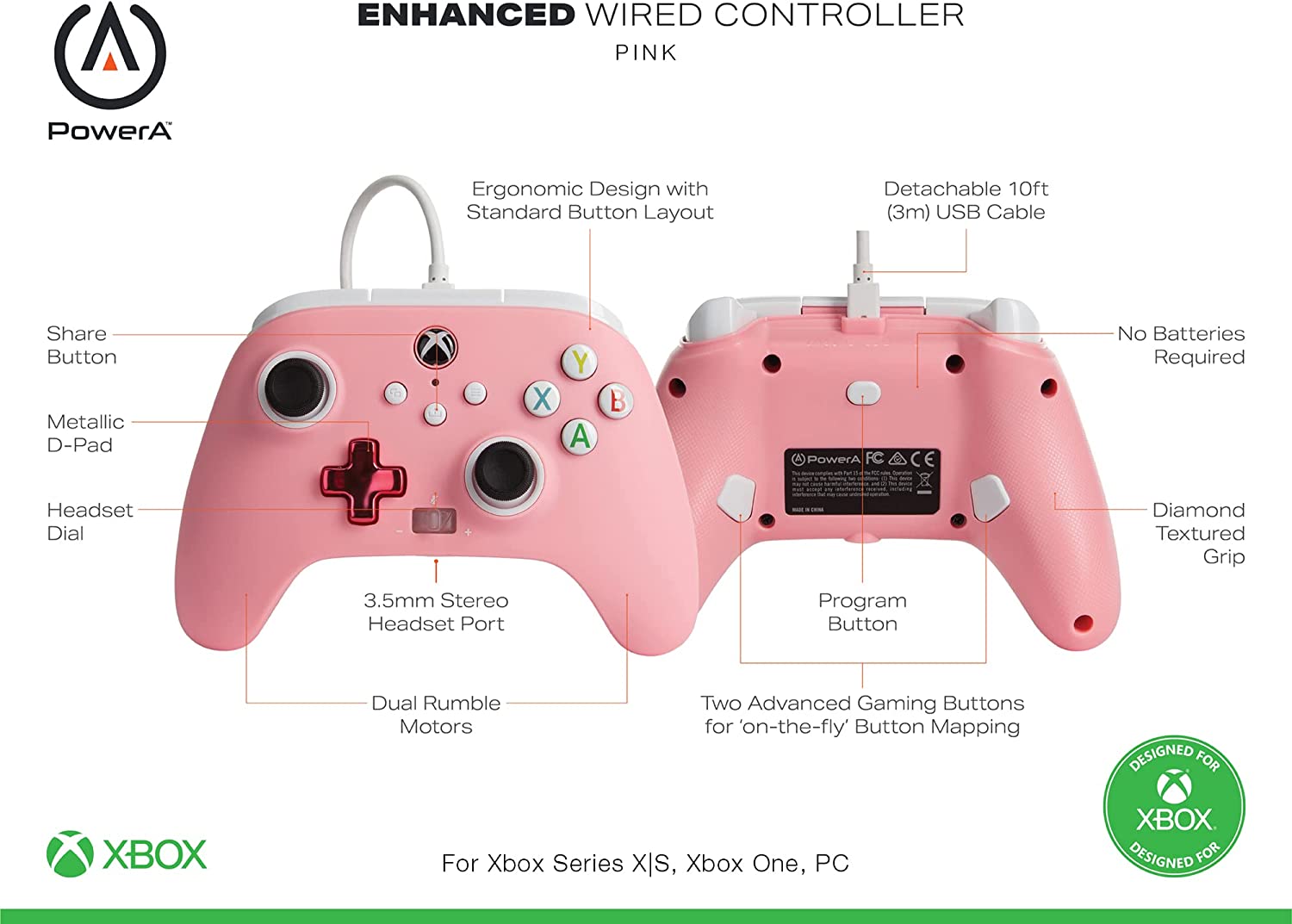 PowerA Enhanced Wired Controller for Xbox - Pink Inline, Gamepad, Wired Video Game Controller, Gaming Controller, Xbox Series X|S Rosa