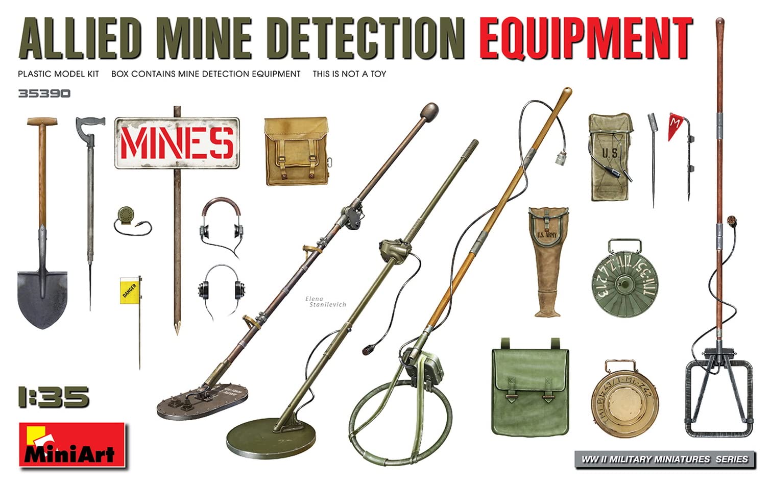 Miniart MIN35390 1:35-Allied Mine Detection Equipment Scale Model kit, Unpainted