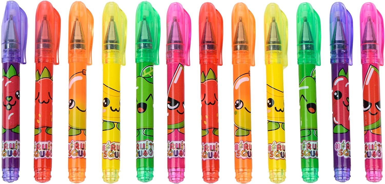 FRUITY SQUAD - Set of 12 Mini Scented Gel Pens for Children in Assorted Colours