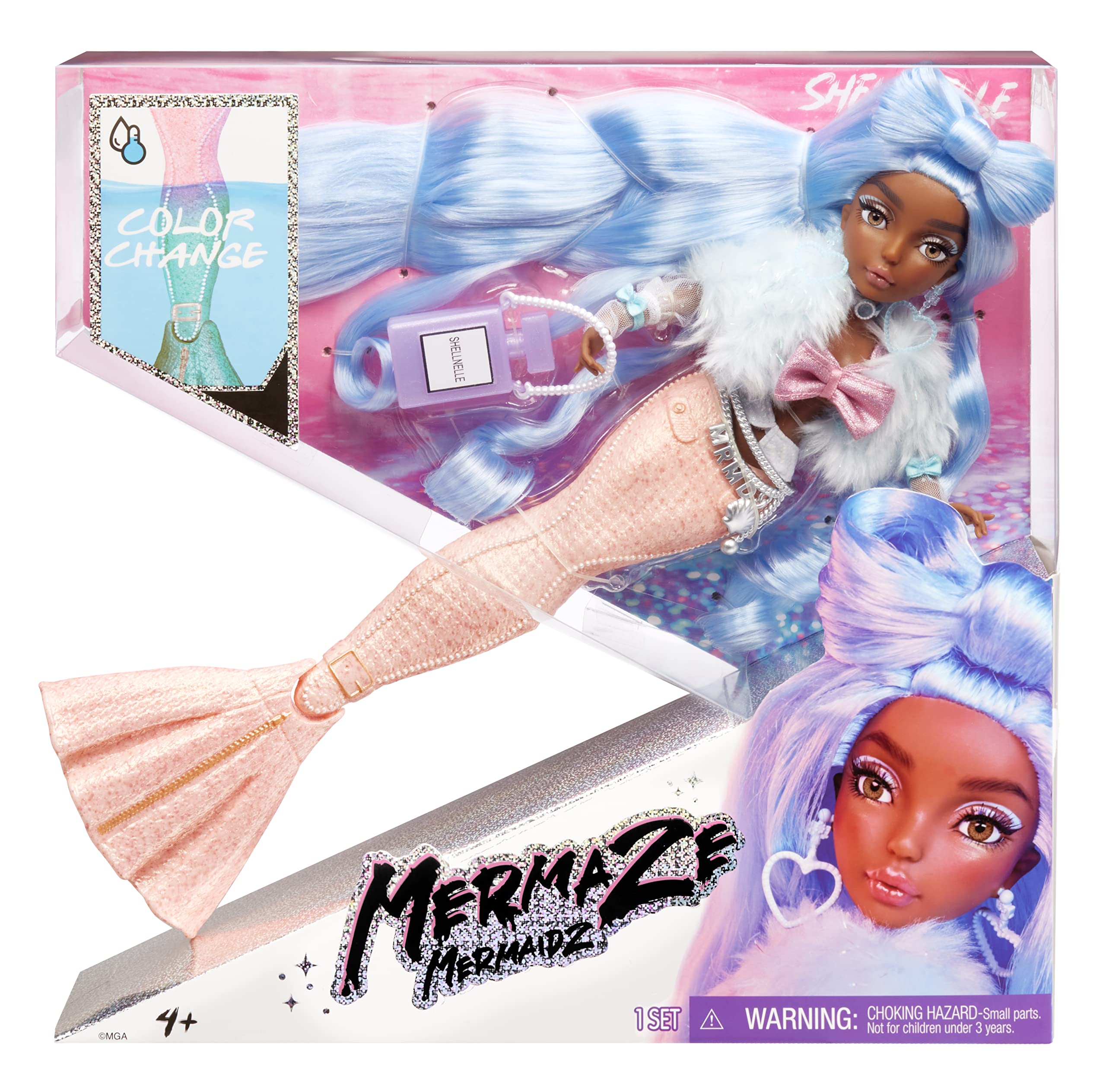 MERMAZE MERMAIDZ - SHELLNELLE - Muñeca de Moda Sirena con Cola Que Cambia de Color en Agua Helada y Pelo Azul - Incluye Vestido y Accesorios - Articulada, Puede posar - Coleccionable - Edad: 4+ años