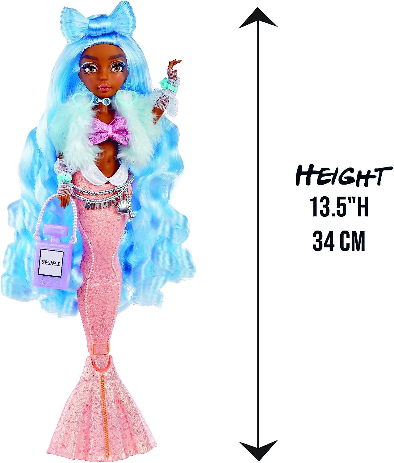 MERMAZE MERMAIDZ - SHELLNELLE - Muñeca de Moda Sirena con Cola Que Cambia de Color en Agua Helada y Pelo Azul - Incluye Vestido y Accesorios - Articulada, Puede posar - Coleccionable - Edad: 4+ años